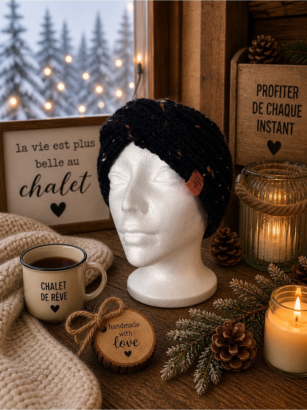 Black Knit Turban Headband with Subtle Speckle